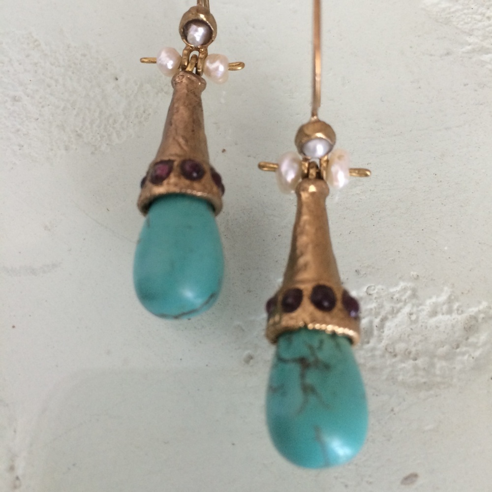 Bohemian Artisan Handmade Genuine Turquoise, Pearl Gold Earrings - Picture 2 of 2